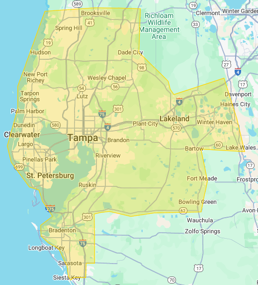 All-Pro Power service area map covering Tampa Bay counties